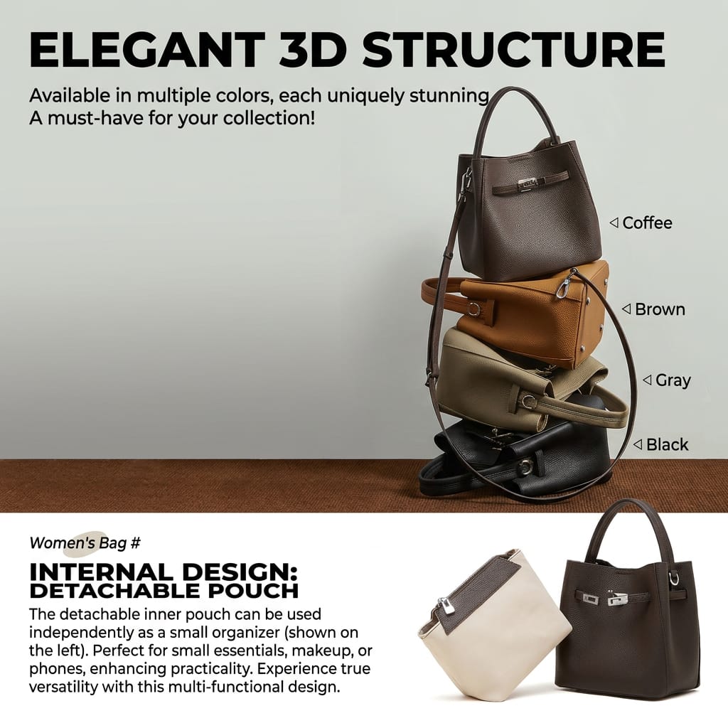 Support OEM/ODM Top-grain Cowhide Genuine Leather Lychee Texture Bucket Bags for Casual Shopping Bags