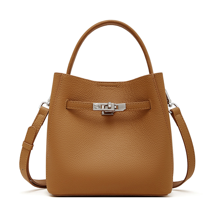 Support OEM/ODM Top-grain Cowhide Genuine Leather Lychee Texture Bucket Bags for Casual Shopping Bags