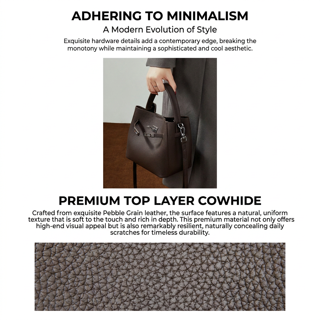 Support OEM/ODM Top-grain Cowhide Genuine Leather Lychee Texture Bucket Bags for Casual Shopping Bags