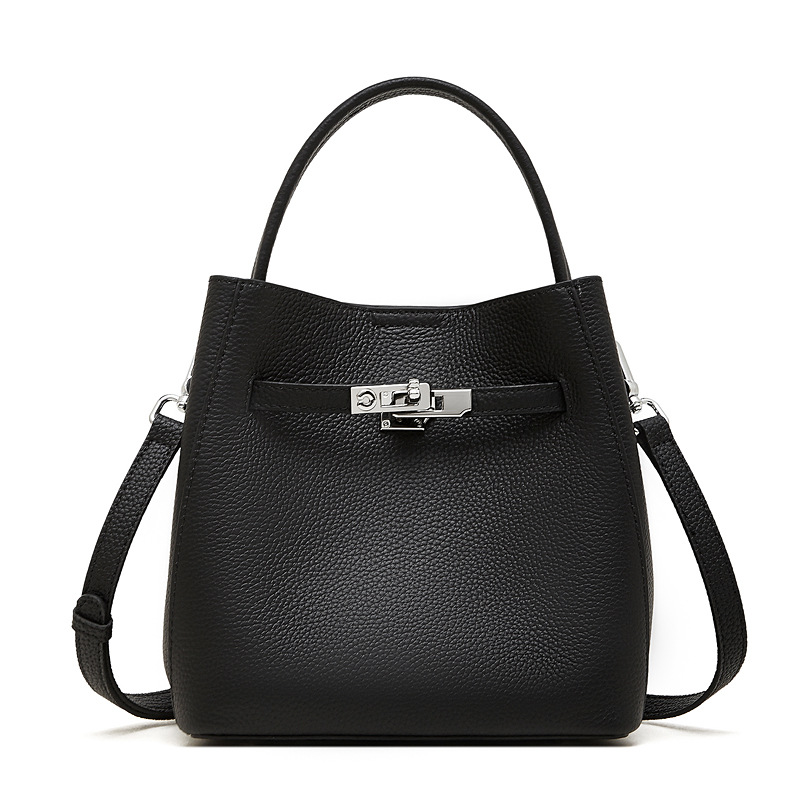 Support OEM/ODM Top-grain Cowhide Genuine Leather Lychee Texture Bucket Bags for Casual Shopping Bags