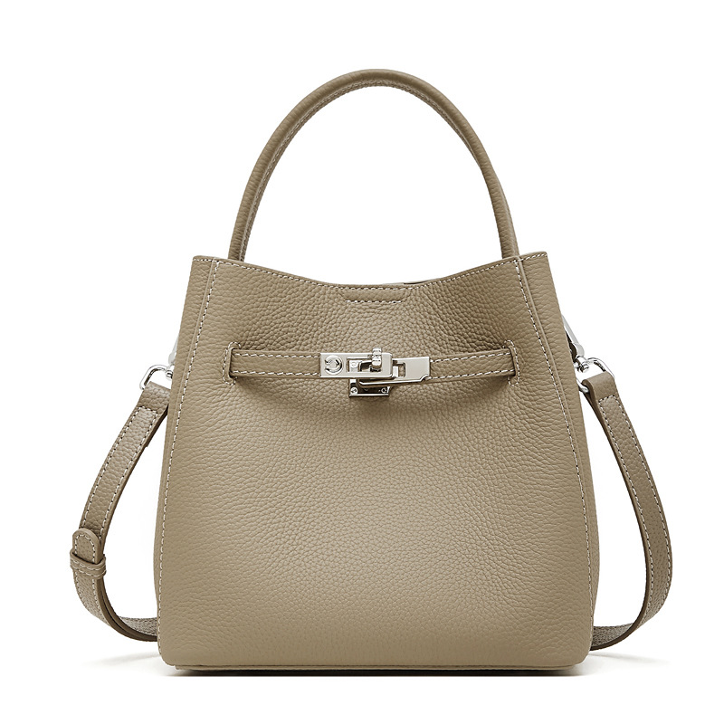 Support OEM/ODM Top-grain Cowhide Genuine Leather Lychee Texture Bucket Bags for Casual Shopping Bags