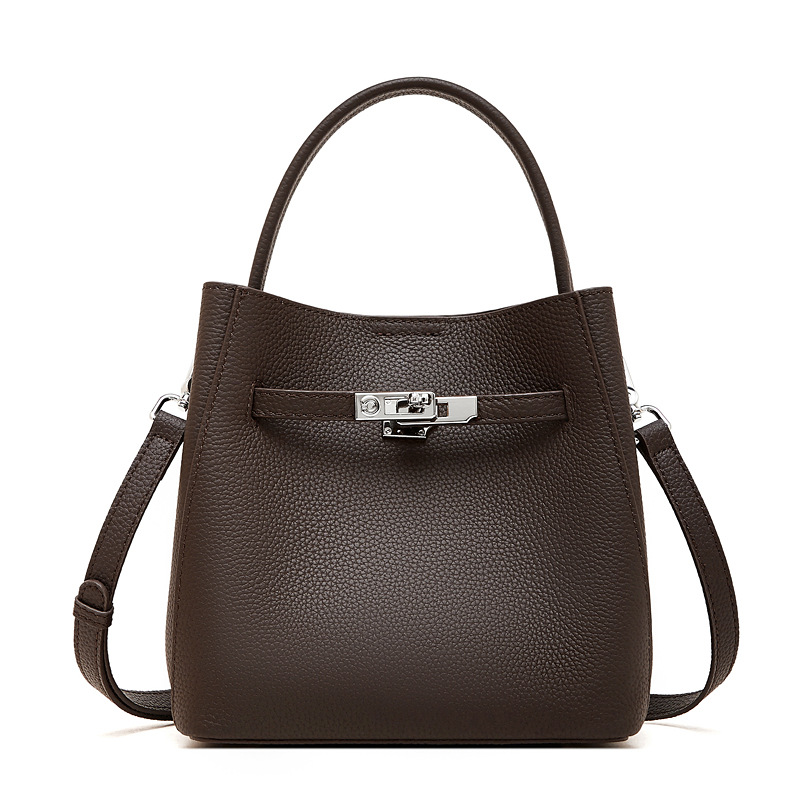 Support OEM/ODM Top-grain Cowhide Genuine Leather Lychee Texture Bucket Bags for Casual Shopping Bags