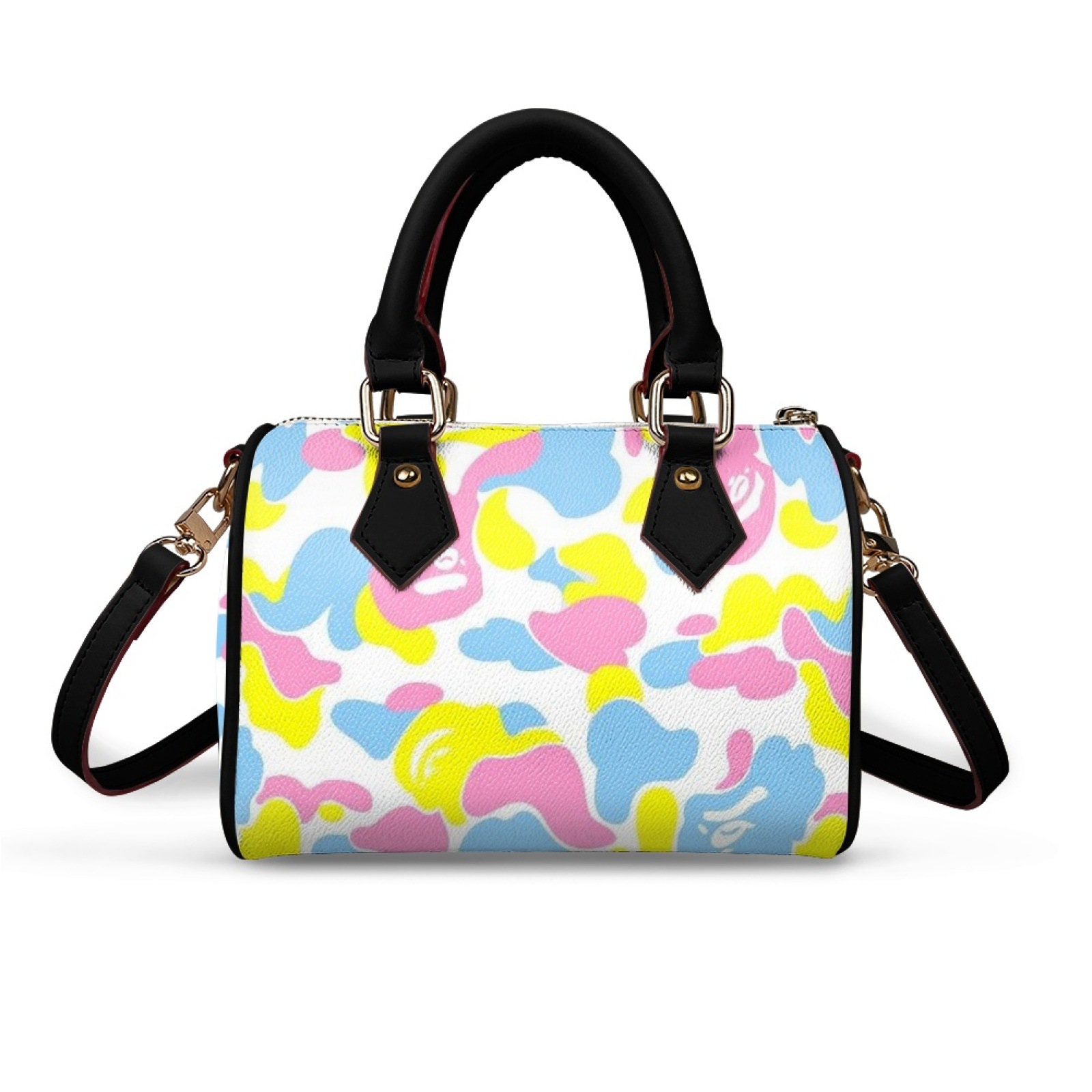 Fashion Women's Boston Bag Camouflage Print PU Leather Top Handle Satchel Trendy Street Style Cylinder Handbag Crossbody Bag