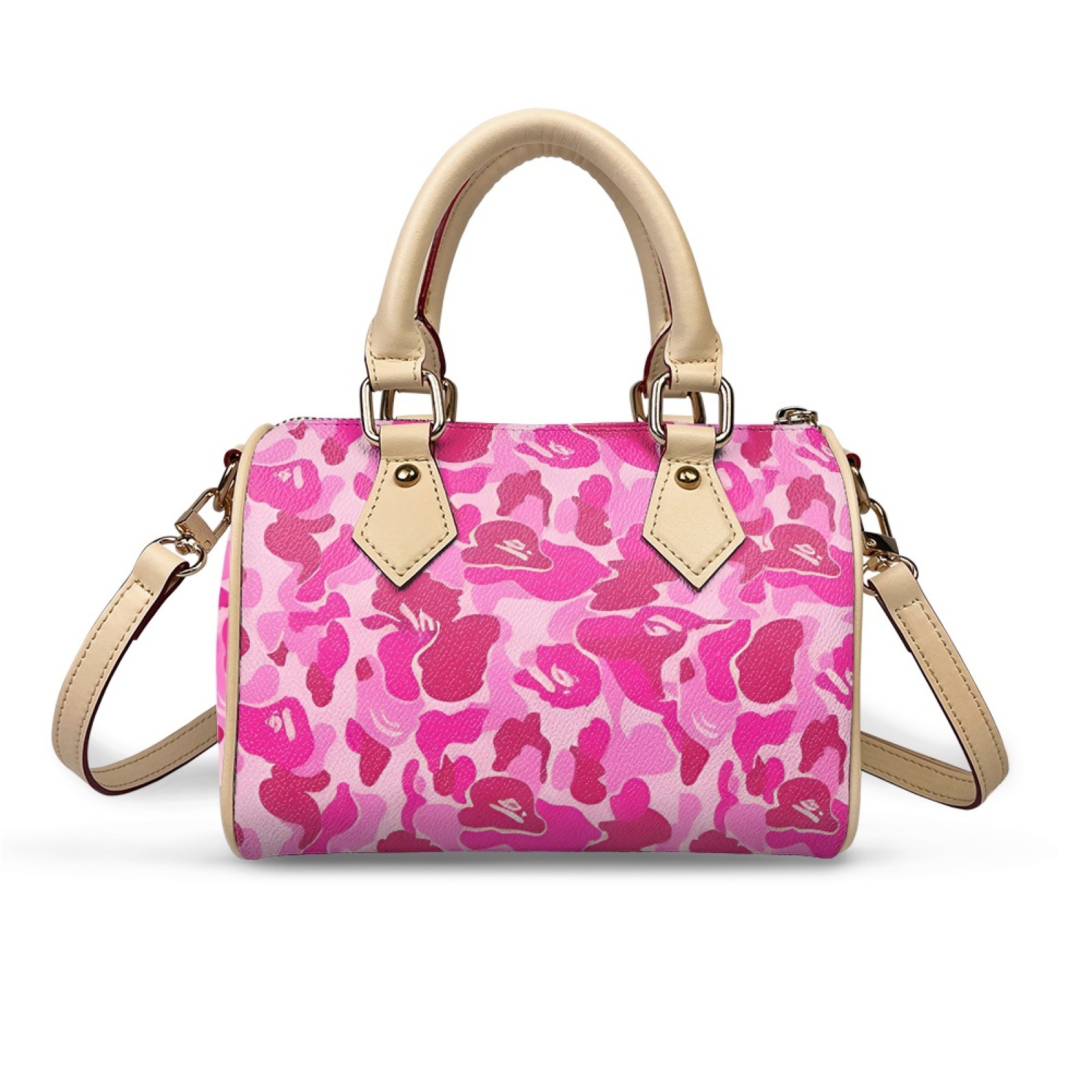 Fashion Women's Boston Bag Camouflage Print PU Leather Top Handle Satchel Trendy Street Style Cylinder Handbag Crossbody Bag