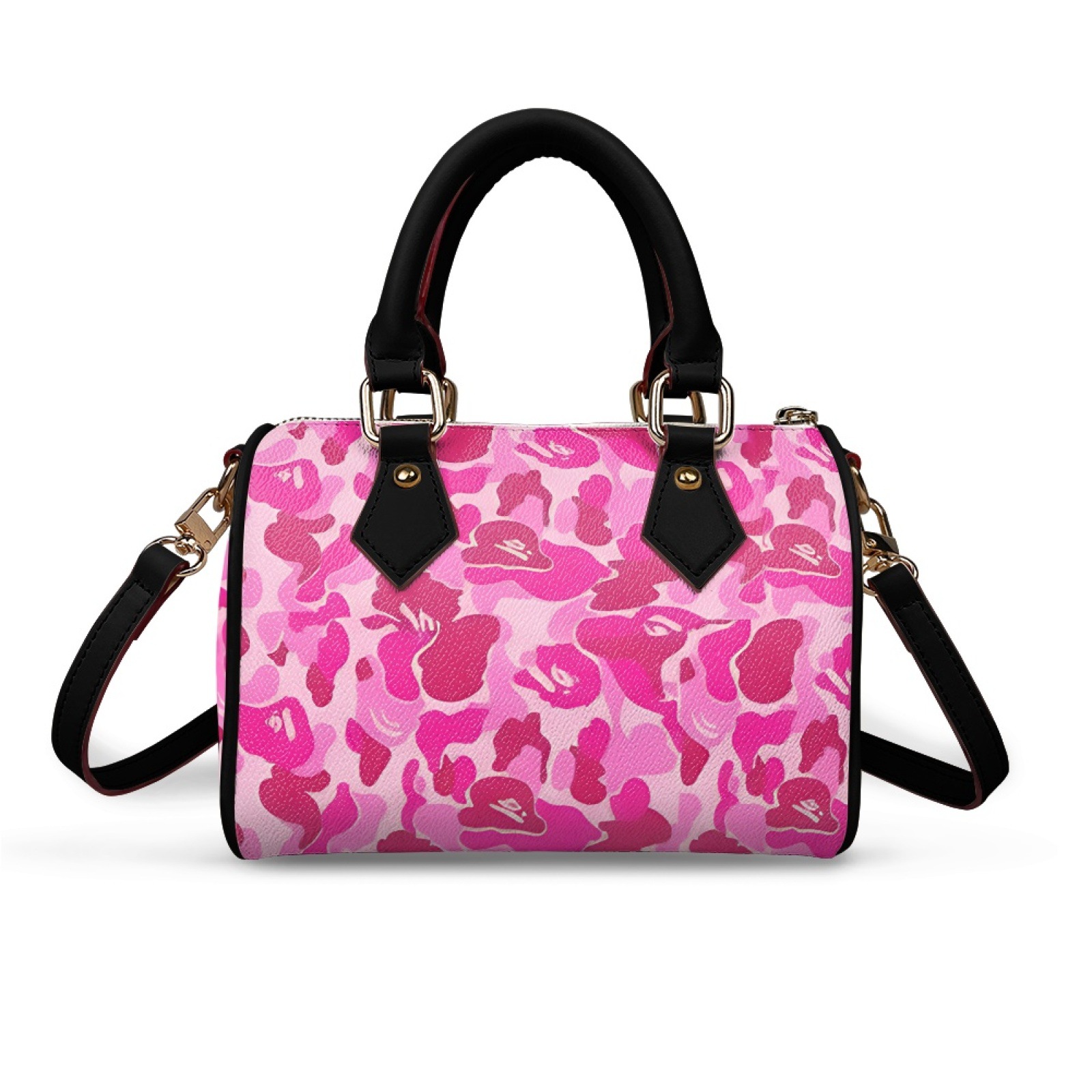 Fashion Women's Boston Bag Camouflage Print PU Leather Top Handle Satchel Trendy Street Style Cylinder Handbag Crossbody Bag