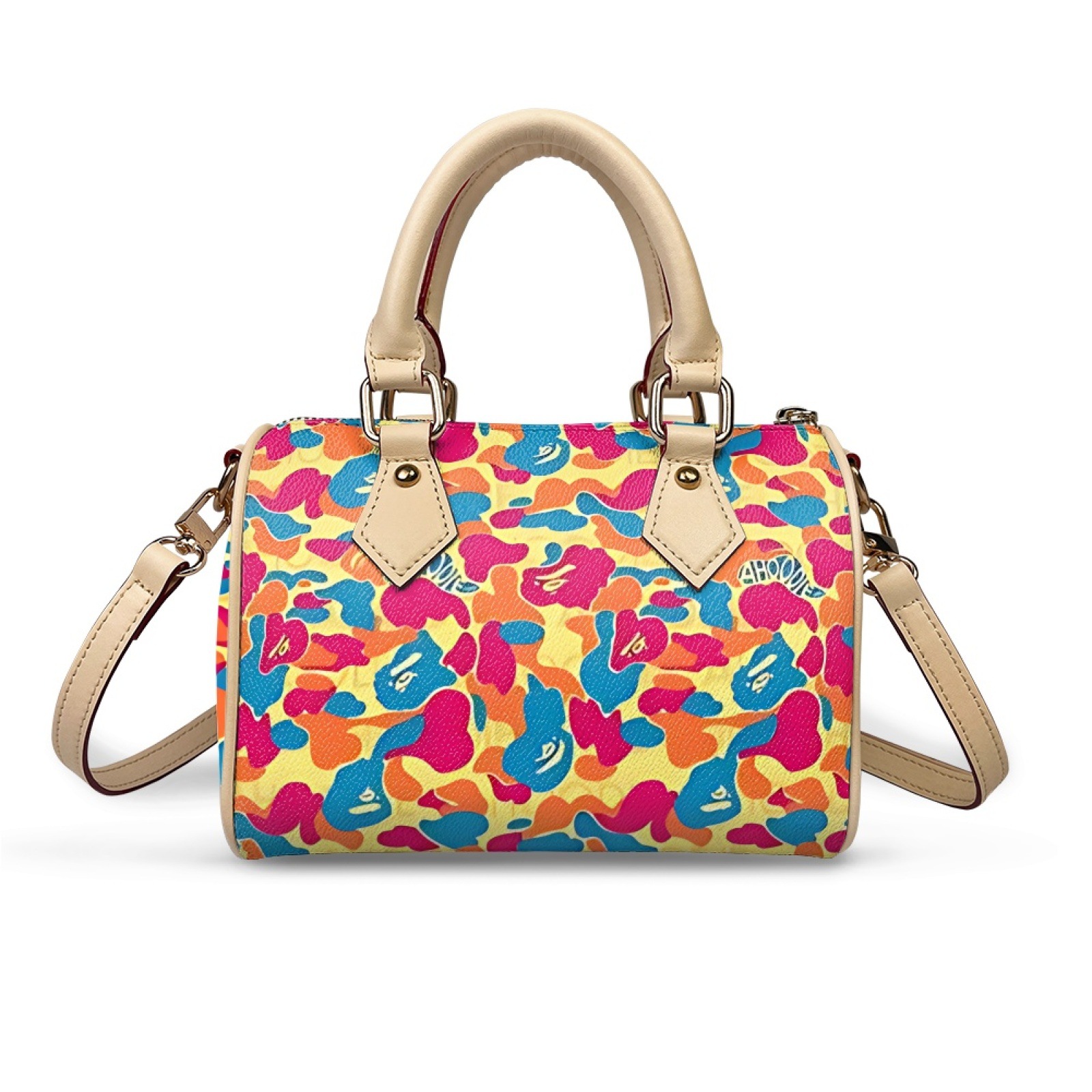 Fashion Women's Boston Bag Camouflage Print PU Leather Top Handle Satchel Trendy Street Style Cylinder Handbag Crossbody Bag