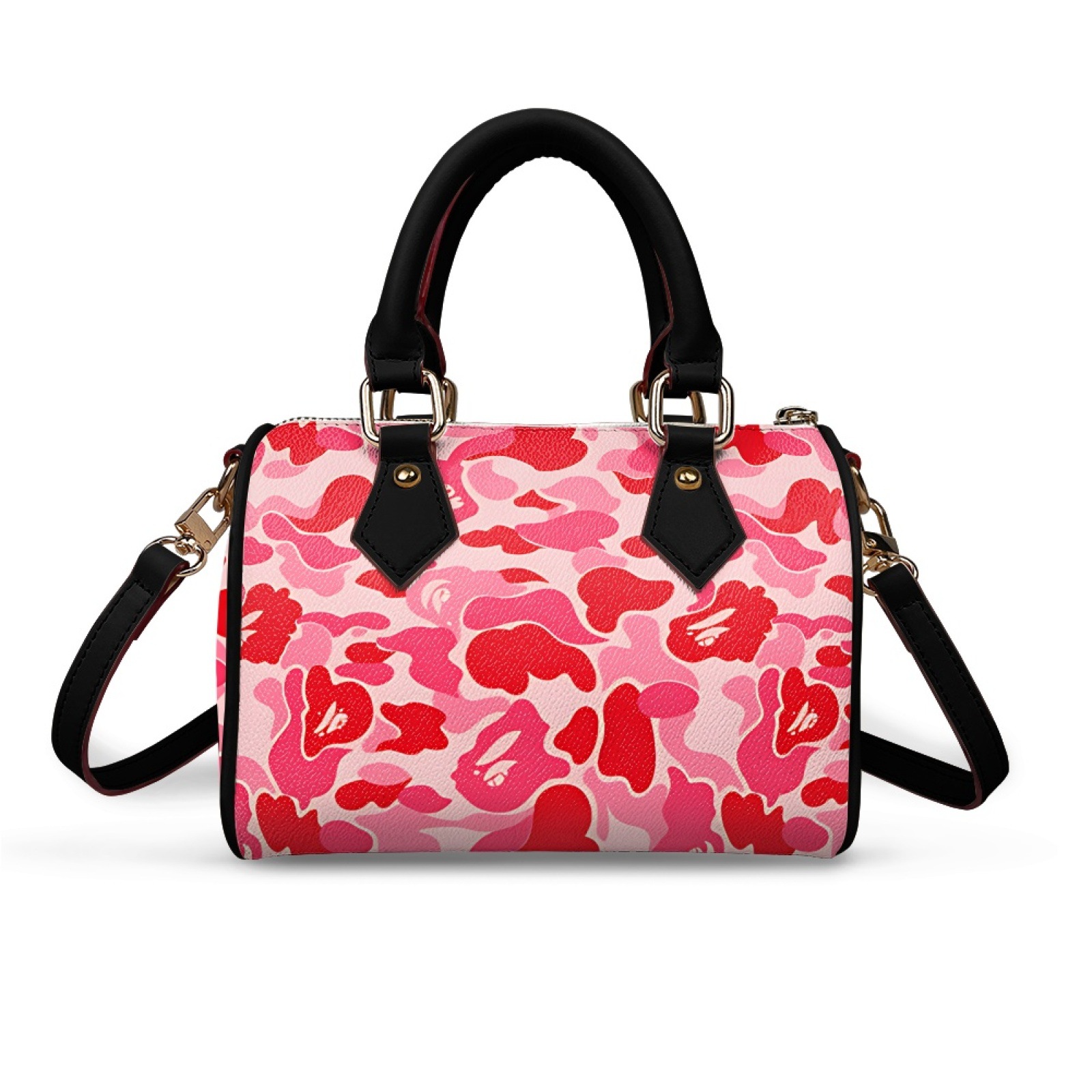 Fashion Women's Boston Bag Camouflage Print PU Leather Top Handle Satchel Trendy Street Style Cylinder Handbag Crossbody Bag