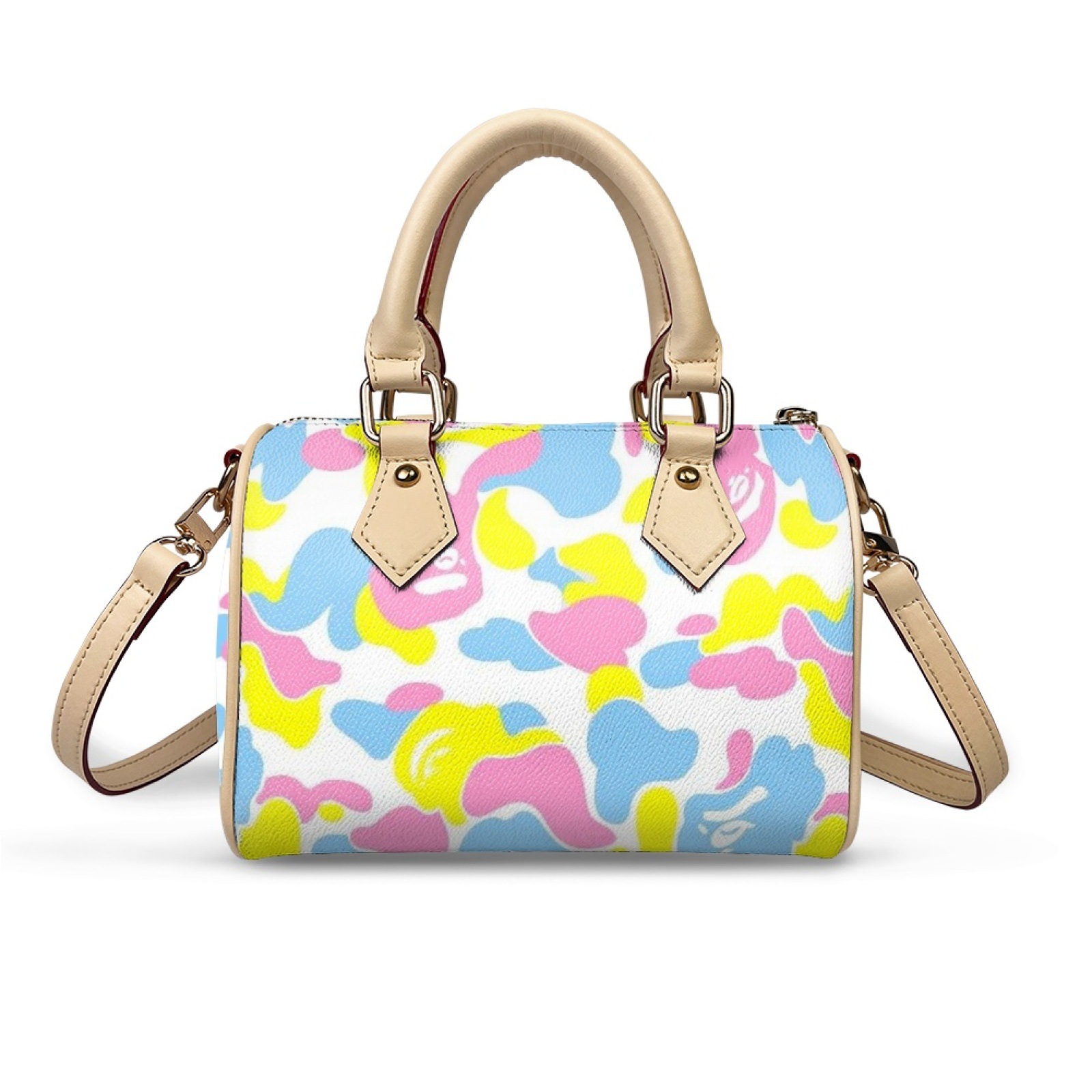 Fashion Women's Boston Bag Camouflage Print PU Leather Top Handle Satchel Trendy Street Style Cylinder Handbag Crossbody Bag