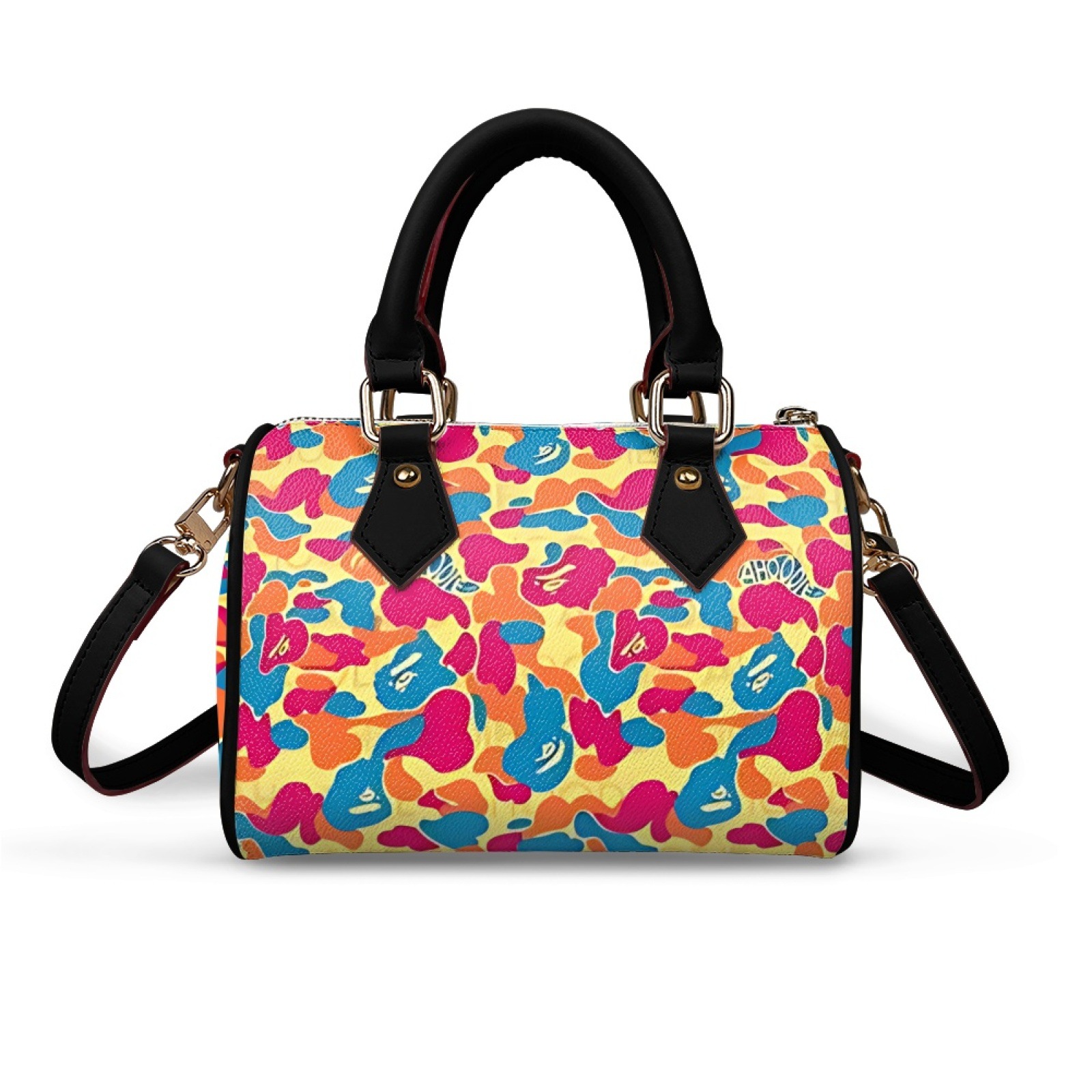 Fashion Women's Boston Bag Camouflage Print PU Leather Top Handle Satchel Trendy Street Style Cylinder Handbag Crossbody Bag