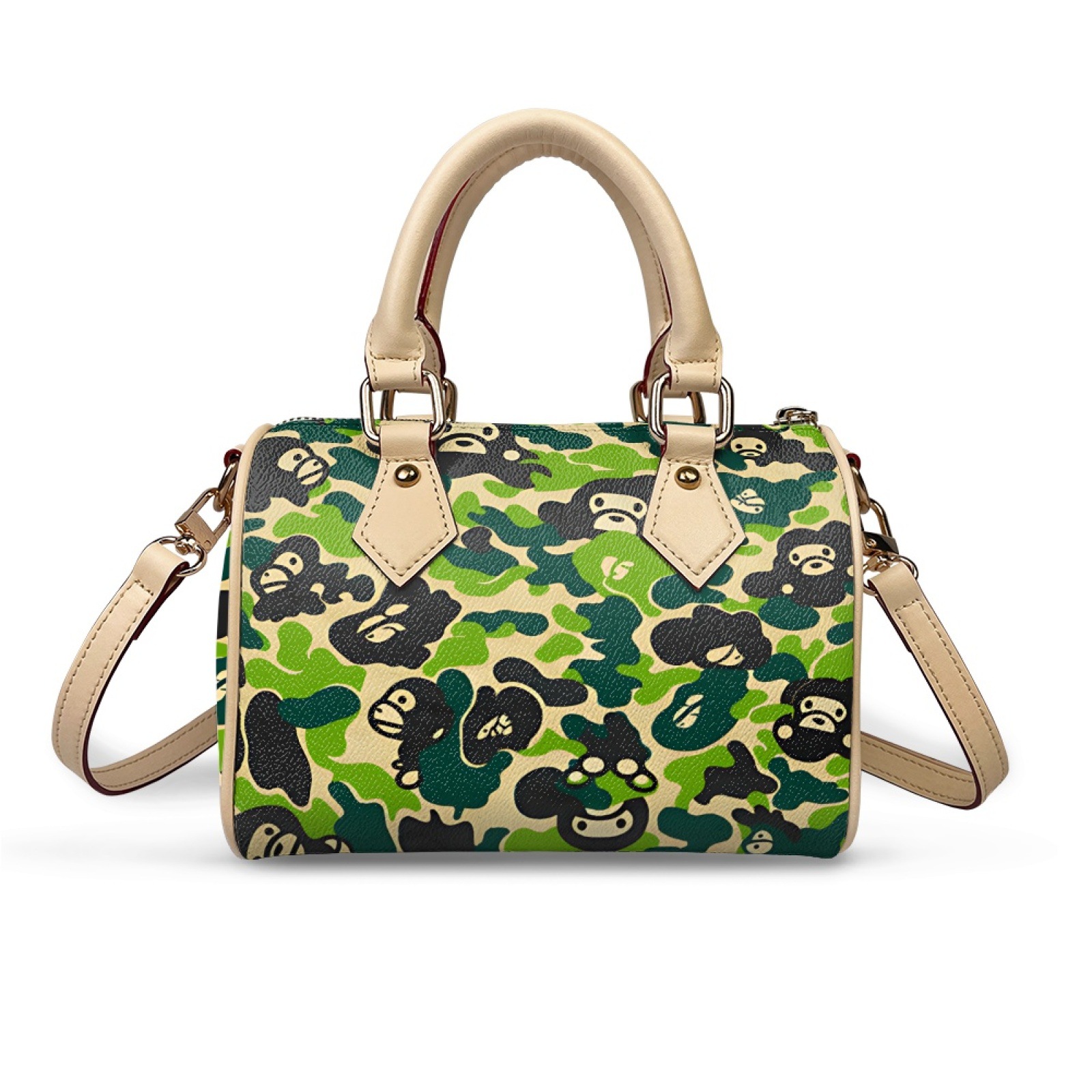Fashion Women's Boston Bag Camouflage Print PU Leather Top Handle Satchel Trendy Street Style Cylinder Handbag Crossbody Bag