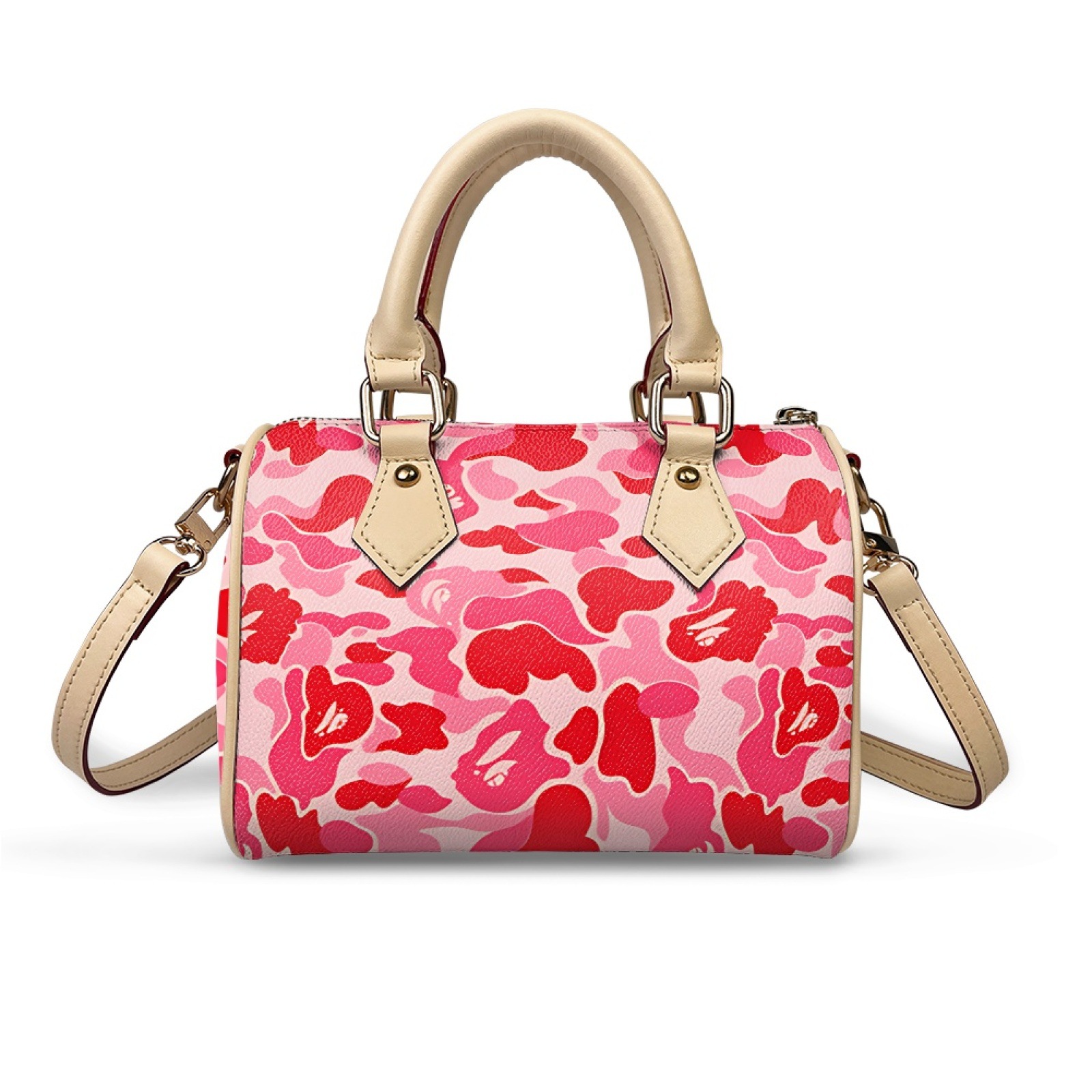 Fashion Women's Boston Bag Camouflage Print PU Leather Top Handle Satchel Trendy Street Style Cylinder Handbag Crossbody Bag