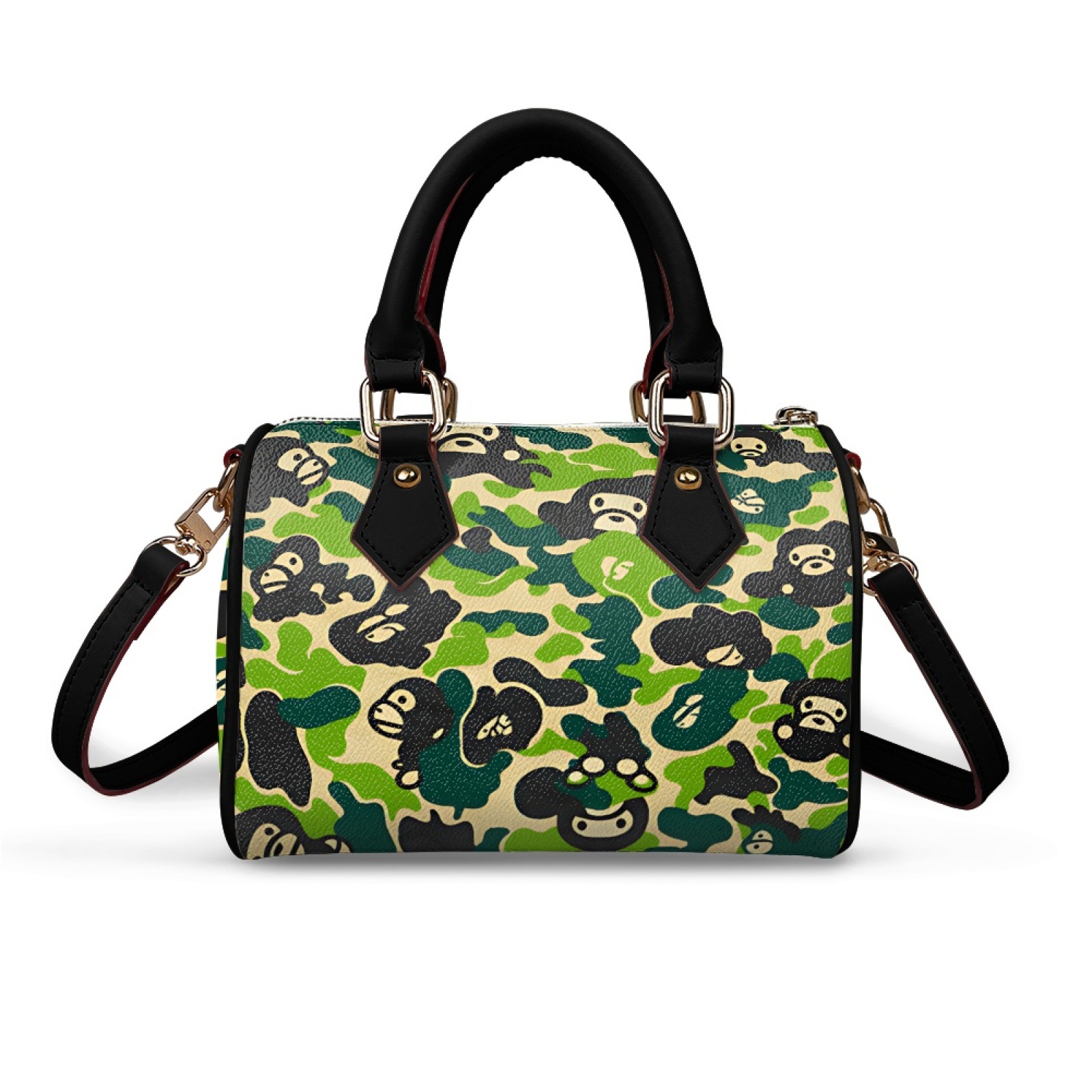 Fashion Women's Boston Bag Camouflage Print PU Leather Top Handle Satchel Trendy Street Style Cylinder Handbag Crossbody Bag
