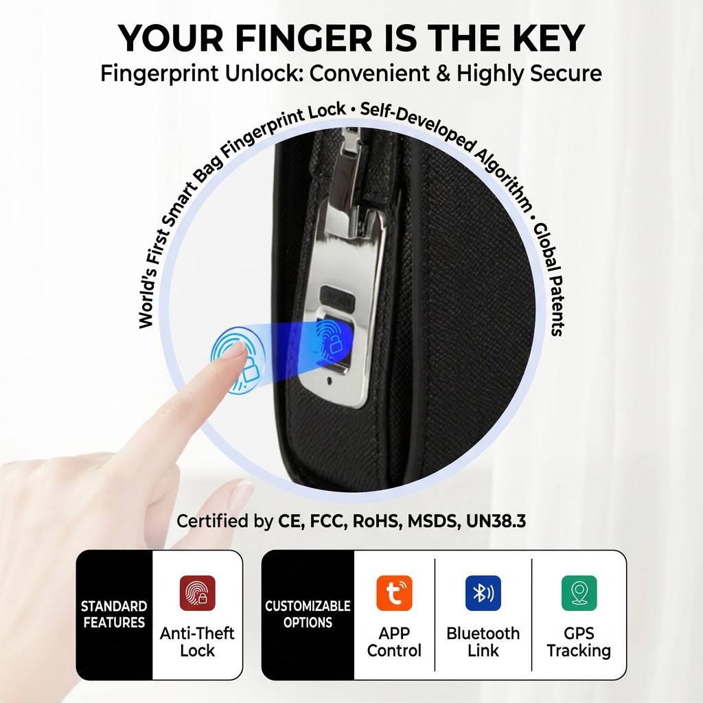 Fingerprint Lock bag Genuine Cow Leather Businessmen Privacy Keeper Handbag Fingerprint Smart System Chargeable Men's Clutch Bag